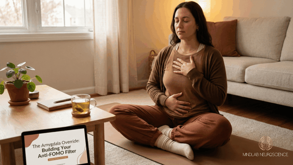 Black Friday Brain: Neuroscience Behind Impulse Purchases 7 Woman practicing nervous system regulation with hand on chest doing deep breathing to activate parasympathetic response