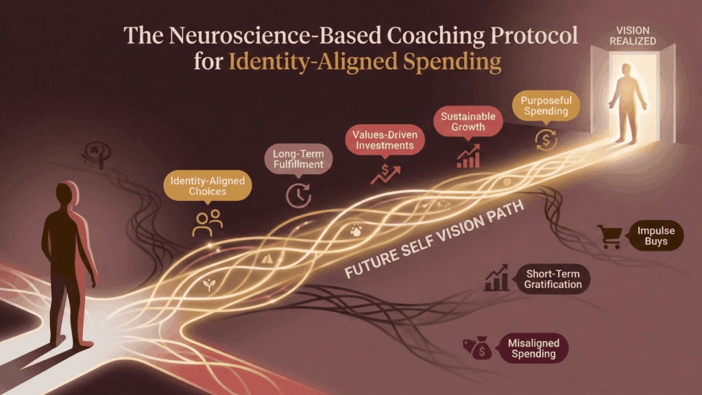 Black Friday Brain: Neuroscience Behind Impulse Purchases 6 Inspirational illustration of person walking future self vision path with identity-aligned choices leading to purposeful sustainable spending