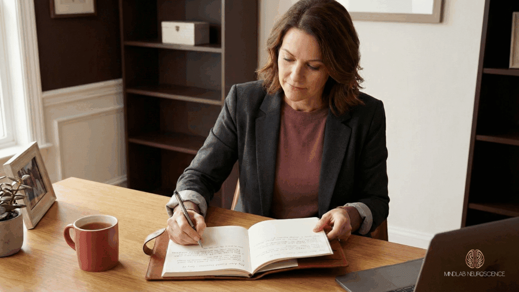 Black Friday Brain: Neuroscience Behind Impulse Purchases 4 Executive woman writing in journal the three sub-questions exercise at desk for anti-FOMO Black Friday brain practice