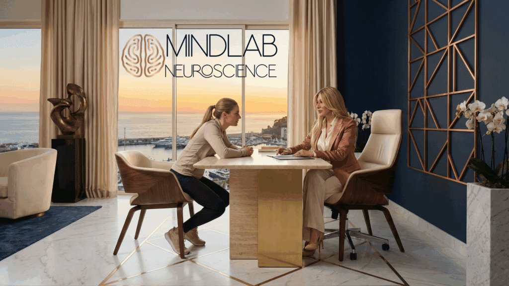Black Friday Brain: Neuroscience Behind Impulse Purchases 2 Professional neuroscience-based coaching session showing client and coach in consultation with ocean view and MINDLAB branding