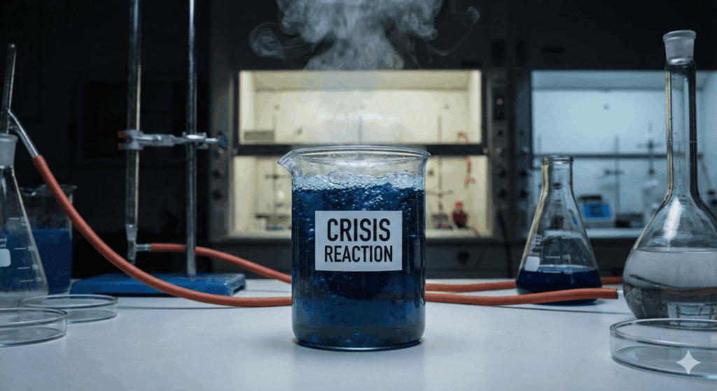 The Neuroscience Behind Suicidal Ideation: Understanding the Brain's Role in Crisis and the Path to Healing 2 Beaker with Crisis Reaction label and blue liquid showing neurotransmitter dysregulation in the neuroscience behind suicidal ideation.