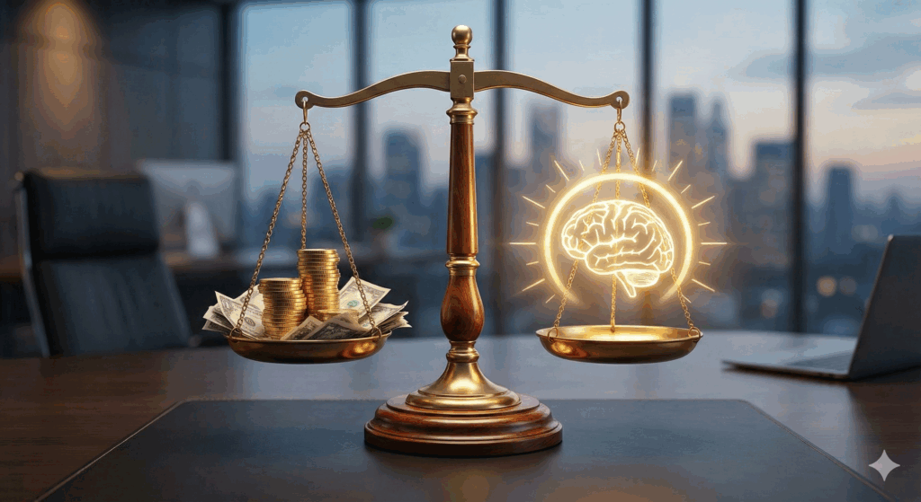 Balance scale comparing financial investment coins against illuminated brain, representing the cost benefit paradox in neuroscience of behavior change

.