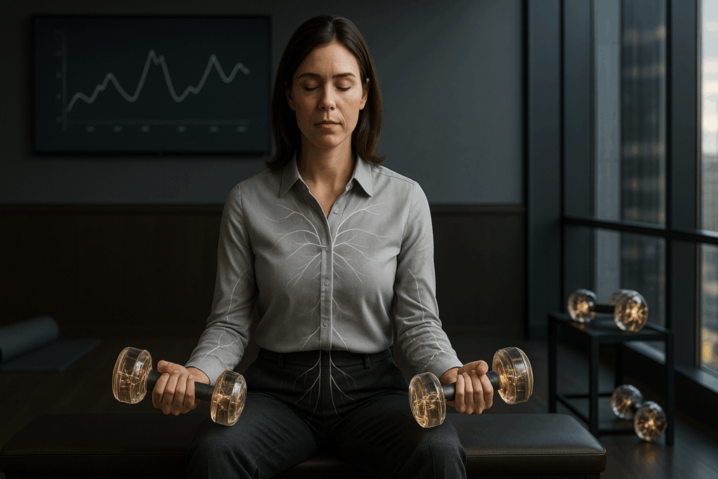 Emotional Reactivity in Leadership: Executive Coaching for Pressure 3 Executive practicing sustainable change through mindfulness and neural rewiring to overcome emotional reactivity in leadership during meditation at office desk