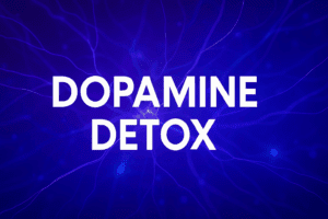 Bold text display of "dopamine detox" on a purple neural network background, illustrating neuroscience-based approaches to brain optimization and reward system restoration.