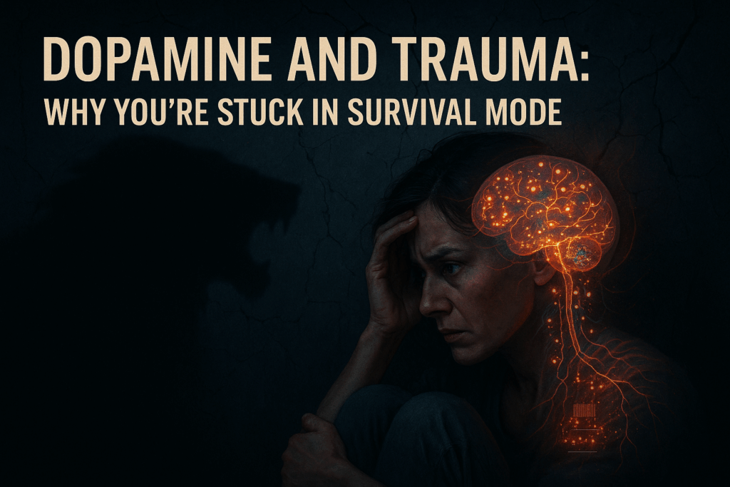 Woman profile with glowing orange brain networks showing dopamine and trauma neural pathways explaining why you're stuck in survival mode and reward dysregulation.