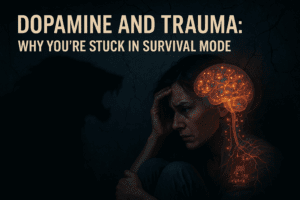 Woman profile with glowing orange brain networks showing dopamine and trauma neural pathways explaining why you're stuck in survival mode and reward dysregulation.
