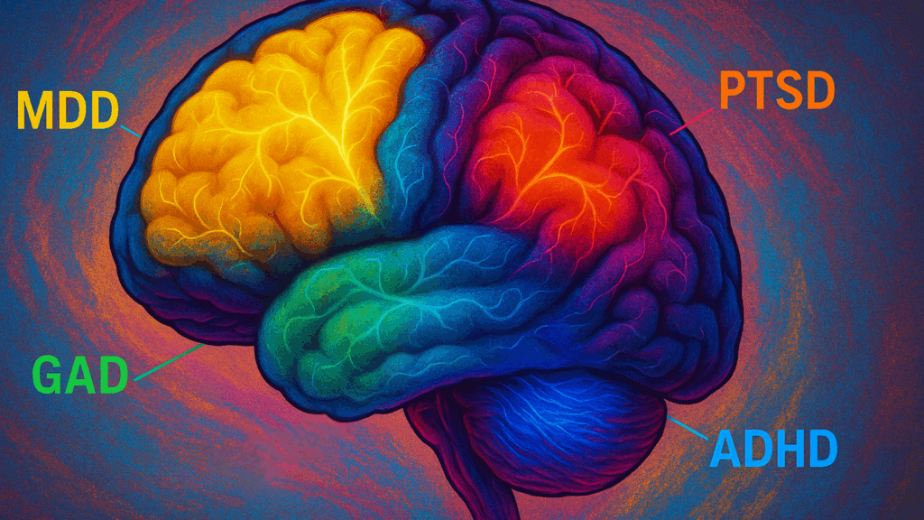 Colorful brain illustration showing neural activation in regions associated with Major Depressive Disorder, PTSD, General Anxiety Disorder, and ADHD conditions.