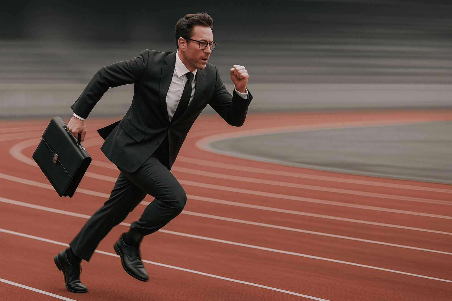 Professional businessman in suit running on athletic track carrying briefcase, symbolizing energy management and high-performance leadership