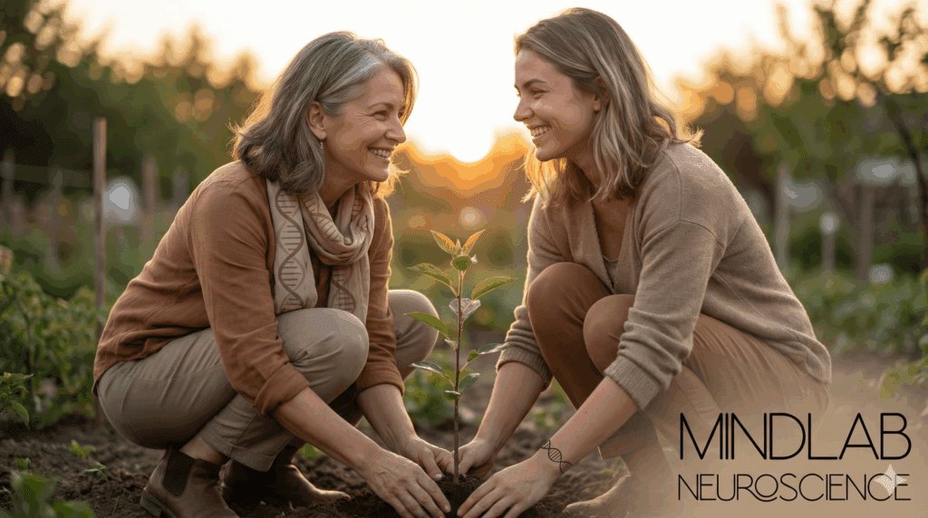 The Neuroscience of the Mother-Daughter Relationship 3 Adult mother and daughter gardening together outdoors at sunset, planting seedling with DNA helix visible, representing generational transmission and evolution in neuroscience of mother daughter relationship.