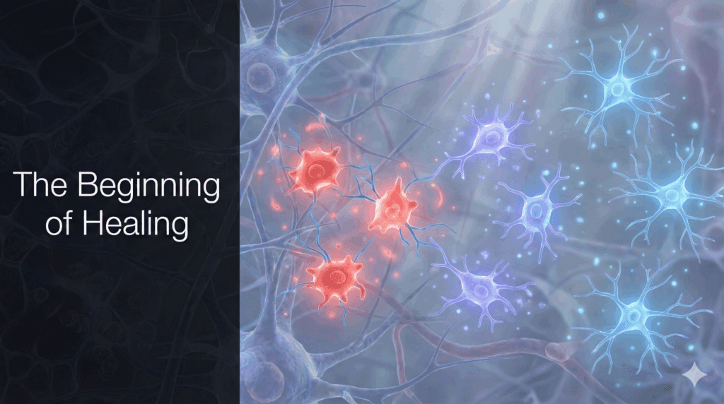 The Neuroscience Behind Suicidal Ideation: Understanding the Brain's Role in Crisis and the Path to Healing 10 Microglia cells transitioning from red inflammation to blue calm, show healing in the neuroscience of suicidal ideation.