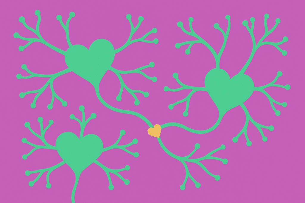 How to Optimize Neuroplasticity In Relationships 1 Multiple green neural networks with hearts showing interconnected neurons in neuroplasticity in relationships science