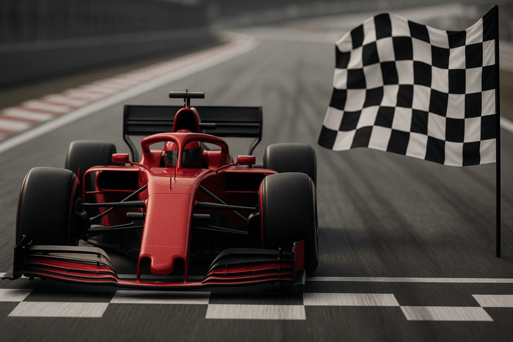 Red Formula One race car crossing finish line with checkered flag, symbolizing championship performance through energy management and optimal nervous system regulation.