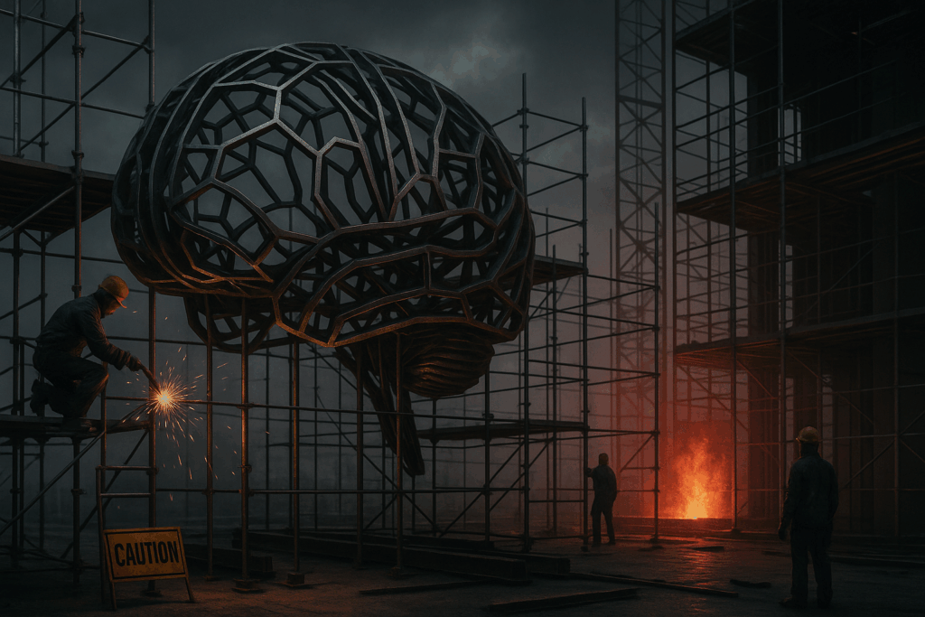 Emotional Reactivity in Leadership: Executive Coaching for Pressure 2 Construction workers building brain structure under pressure, representing how emotional reactivity in leadership develops through repeated threat exposure and neural rewiring