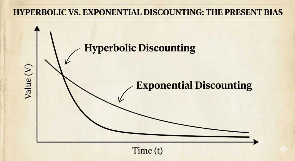 Graph comparing hyperbolic and exponential discounting curves showing present bias in neuroscience of behavior change reward valuation over time.



Understand hyperbolic discounting through this graph showing why the neuroscience of behavior change favors immediate rewards. Future benefits are heavily discounted by the brain despite higher objective value.
