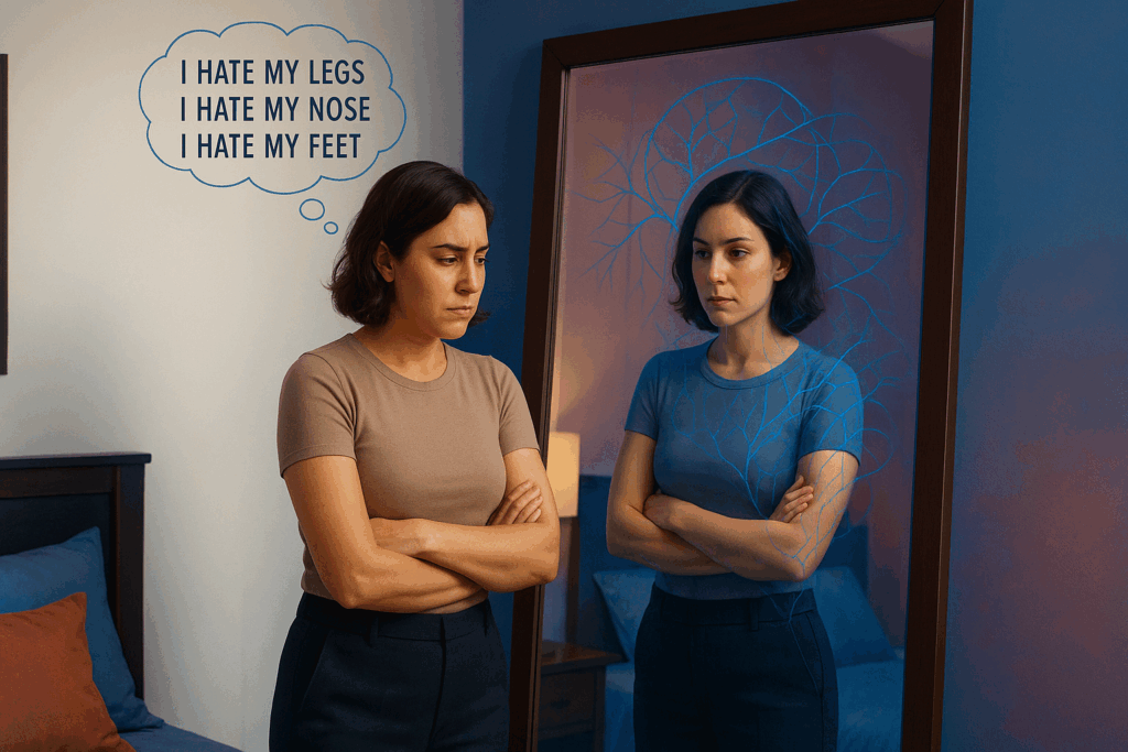 Woman experiencing self-doubt while viewing her reflection in mirror with negative thoughts displayed, representing perfectionism and imperfection struggles.