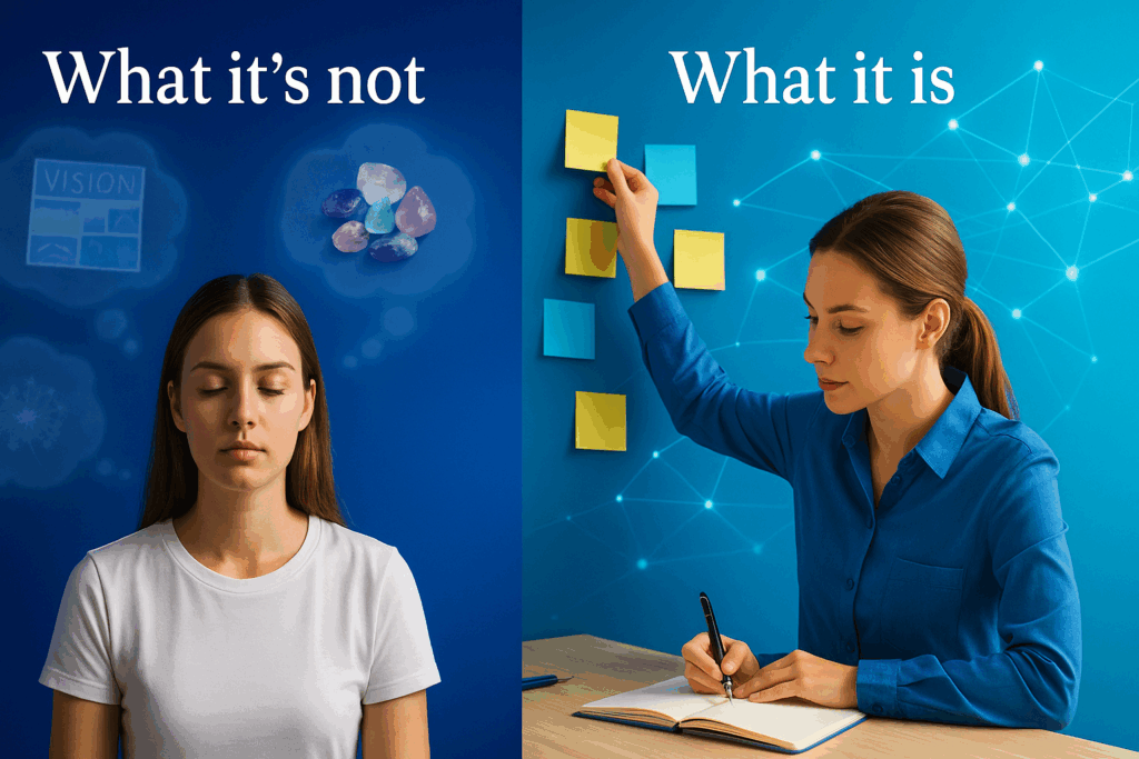 This study presents a side-by-side comparison of the neuroscience of manifestation vs. motivation, with a woman executing focused action on the right.