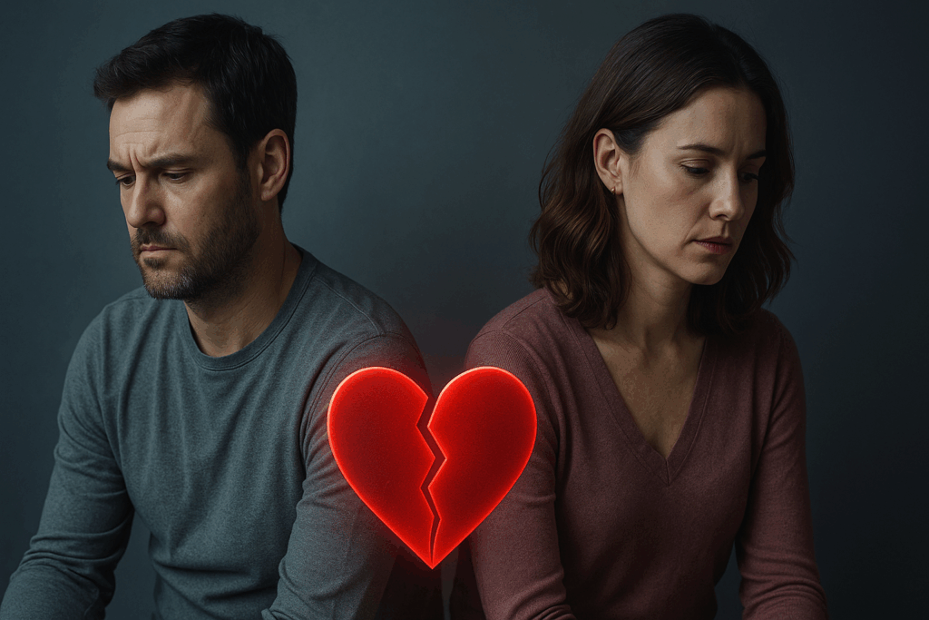 Couple in relationship counseling experiencing heartbreak symbolizing betrayal trauma from infidelity affecting monogamous brain versus unfaithful brain.