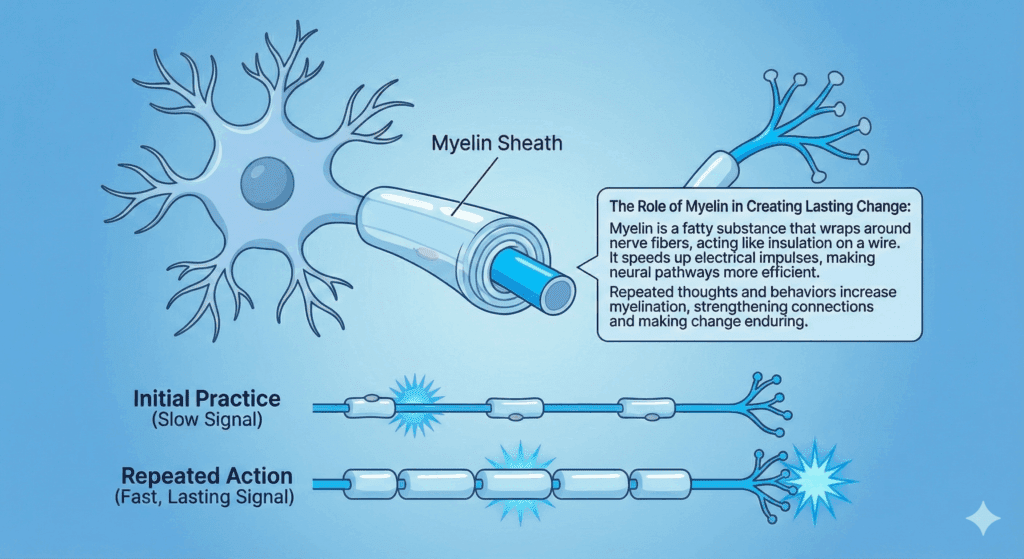 Diagram of neuron with myelin sheath illustrating how repeated practice strengthens neural pathways and accelerates signals, explaining neuroscience-based coaching lasting change.