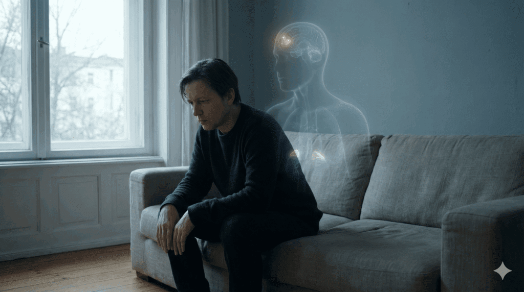 Neuroplasticity and The HPA Axis: Calm Your Brain 4 Depressed man sitting on sofa with ghostly body overlay showing brain and adrenal glands, visualizing Neuroplasticity and The HPA Axis.