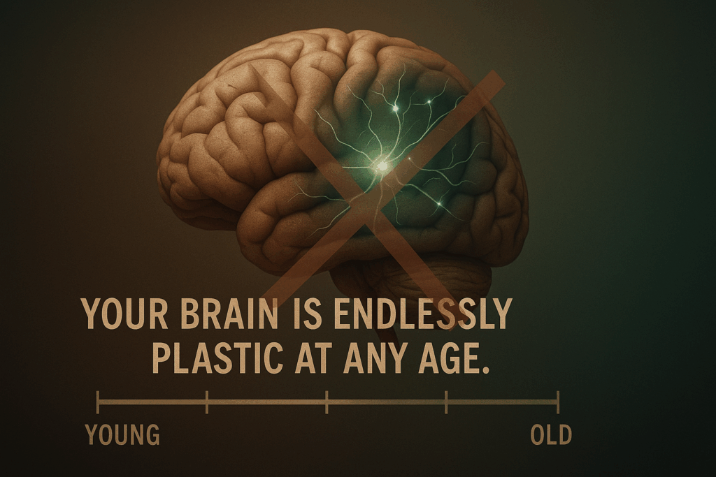 Graphic showing a crossed-out head silhouette next to other profiles, with a central brain network debunking the myth of endless neuroplasticity.