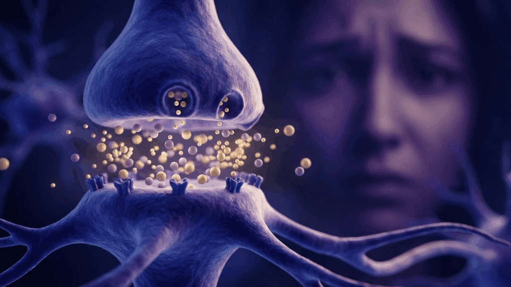 The Neuroscience of Rumination: Why Your Brain Gets Stuck 2 The image depicts a close-up of a synapse releasing neurotransmitters, accompanied by a distressed woman, thereby illustrating the neuroscience of rumination.