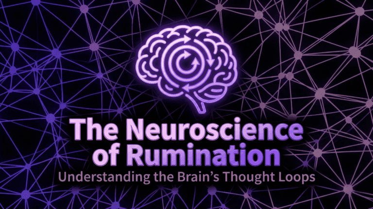 The neuroscience of rumination visualizes interconnected neural pathways and looping brain activity, symbolizing repetitive thought patterns.