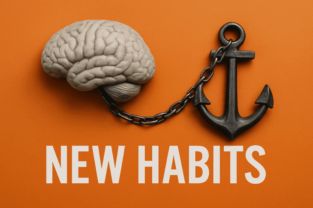 A realistic human brain chained to an anchor on an orange background, symbolizing how building new habits can ground progress for people with ADHD and brain fog.
