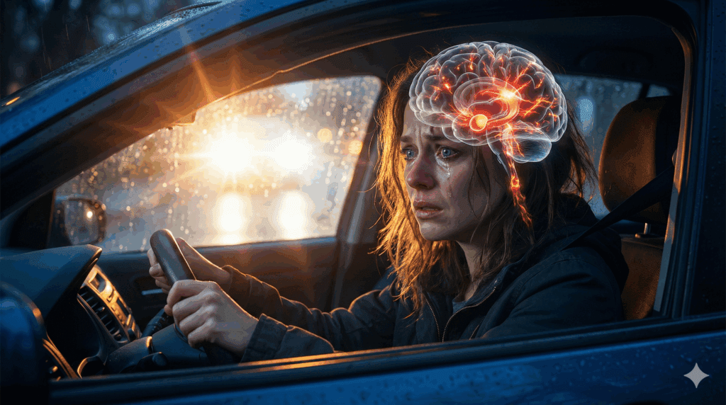 Neuroplasticity and The HPA Axis: Calm Your Brain 2 The image depicts a distressed woman sitting in a car at night, her glowing brain overlay revealing HPA axis activation and stress response.