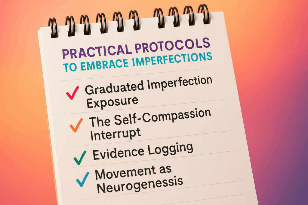 Spiral notebook checklist showing practical protocols to embrace imperfections including graduated exposure, self compassion, evidence logging, and neurogenesis.