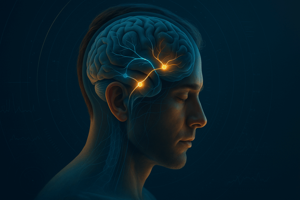 Digital illustration of a person’s brain highlighting precision dopamine pathways and neural activation for optimized motivation and executive function.





