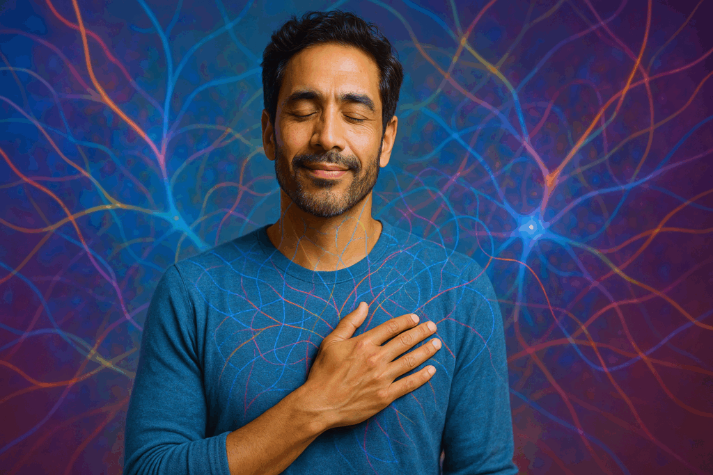 Man with hand on heart practicing self compassion and mindfulness with neural network visualization, representing embracing imperfections and healing.