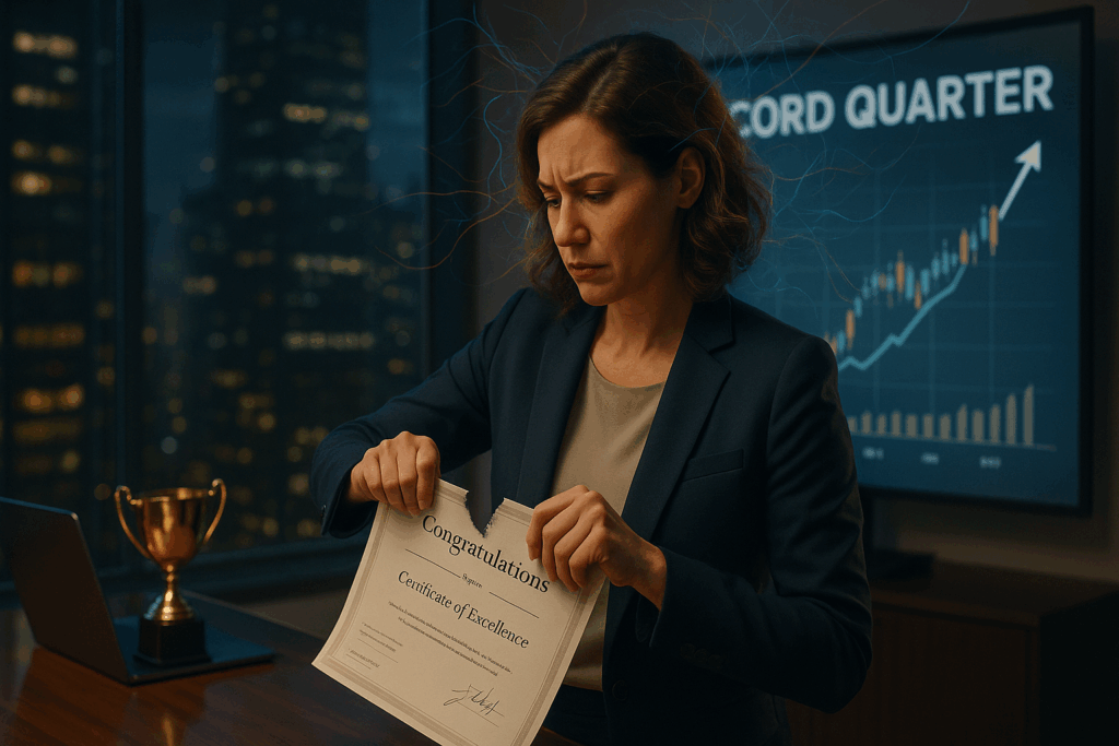 Professional woman in business setting with record quarter charts doubting her success while holding certificate of excellence, representing self-sabotage.