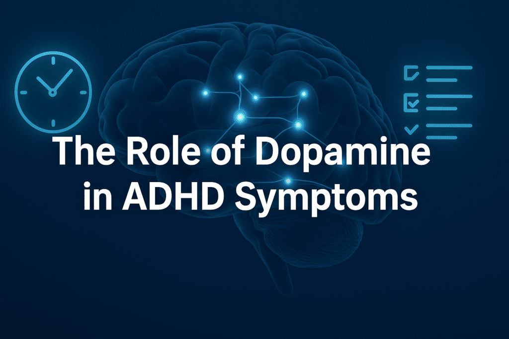 ADHD and Dopamine: A Neuroscience Guide to Minimizing Symptoms 5 Close-up synaptic illustration showing dopamine molecule transmission between neurons, representing ADHD neuroscience at cellular level.