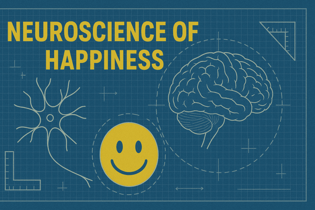 Neuroscience of Happiness: How Your Brain Creates Joy 1 Blueprint-style diagram showing the neuroscience of happiness with neurons, brain imagery, and a happy yellow smiley face on blue grid background.