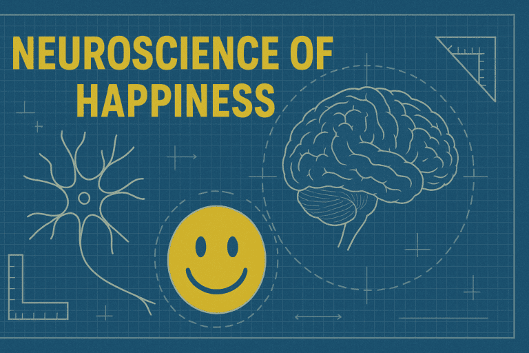 Blueprint-style diagram showing the neuroscience of happiness with neurons, brain imagery, and a happy yellow smiley face on blue grid background.