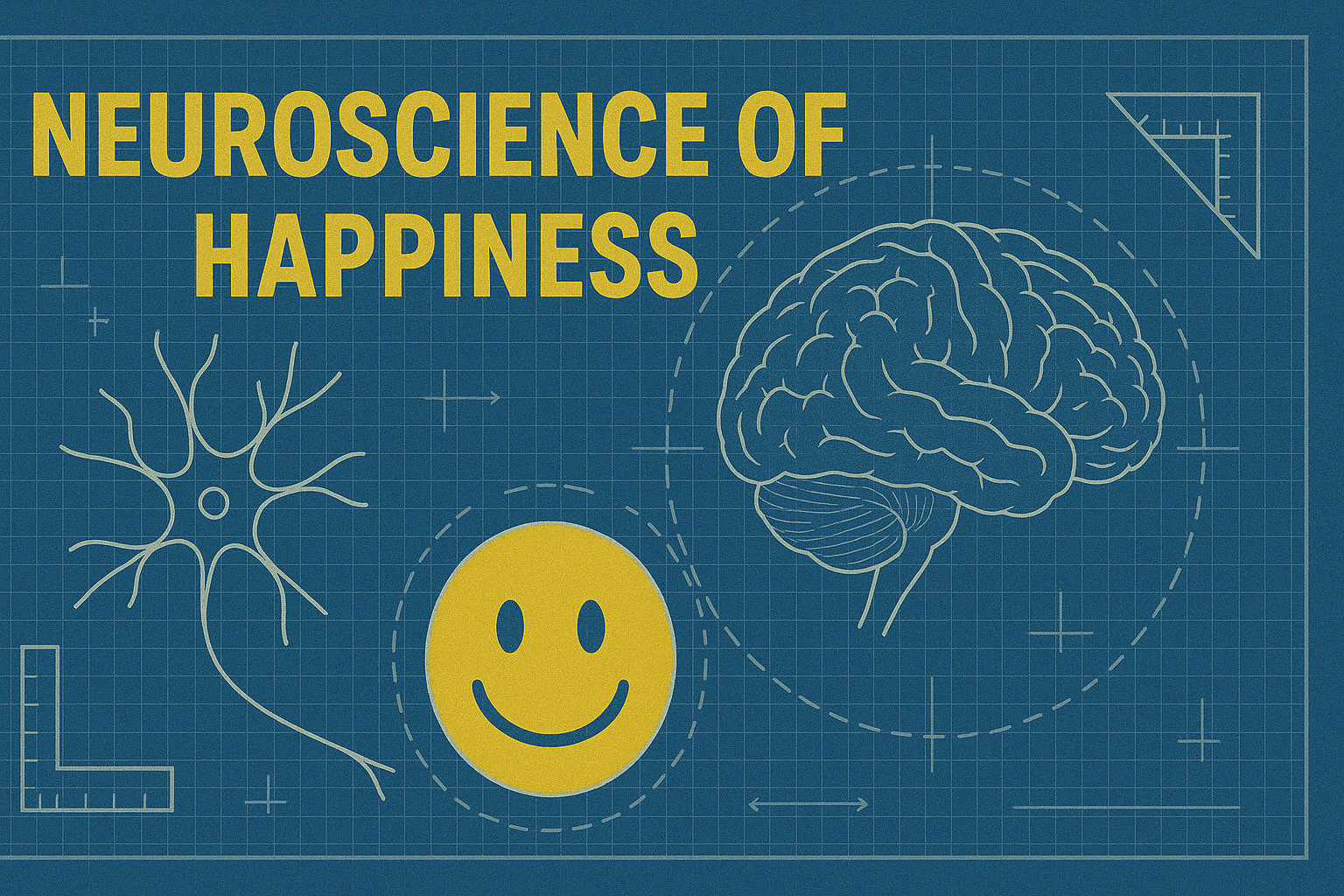 Blueprint-style diagram showing the neuroscience of happiness with neurons, brain imagery, and a happy yellow smiley face on blue grid background.