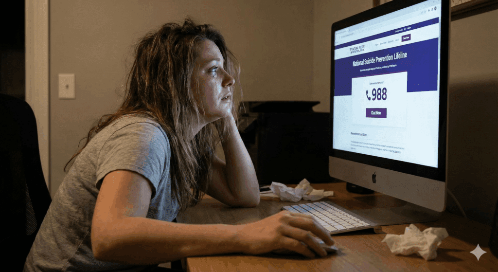 The Neuroscience Behind Suicidal Ideation: Understanding the Brain's Role in Crisis and the Path to Healing 4 Person seeking help on computer showing suicide prevention lifeline in neuroscience-based coaching context.