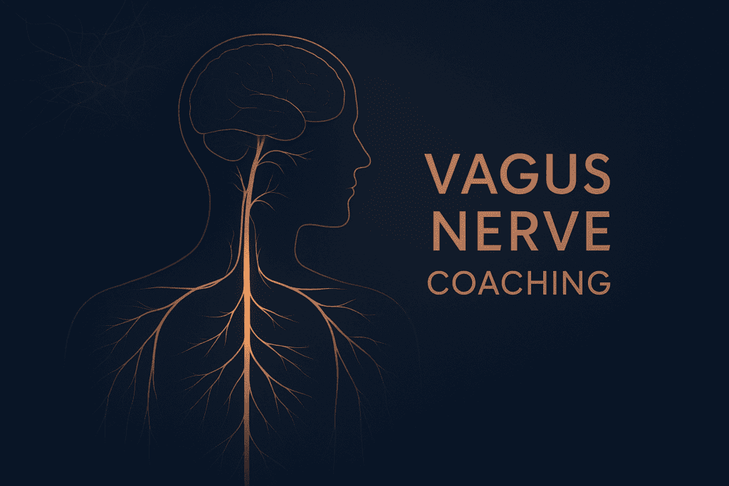 Anatomical illustration of the vagus nerve running from the brain through the neck and torso with orange highlight against dark background.