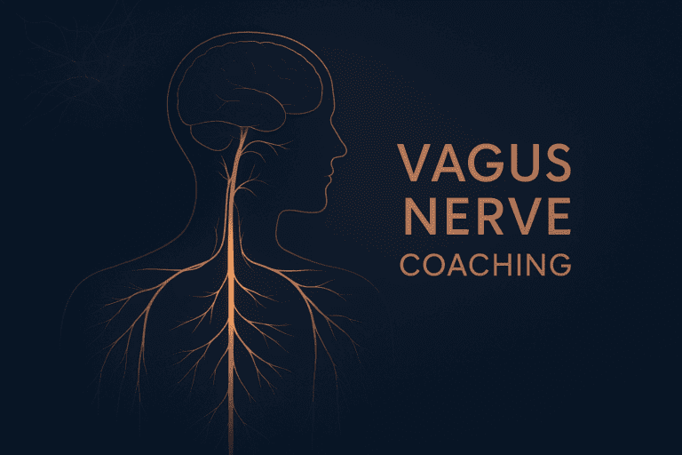 Anatomical illustration of the vagus nerve running from the brain through the neck and torso with orange highlight against dark background.