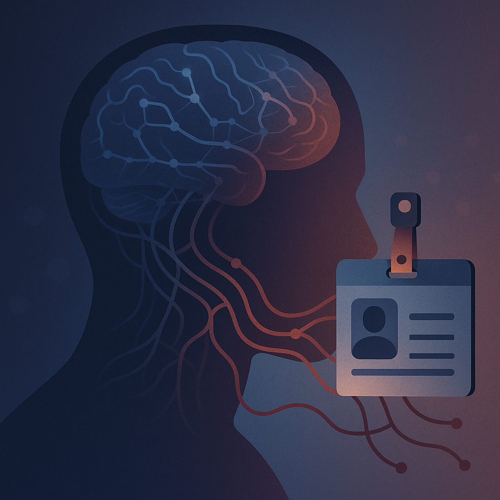 Abstract image of brain circuitry connecting to a work badge, reflecting neural link between career status and personal identity in modern life.