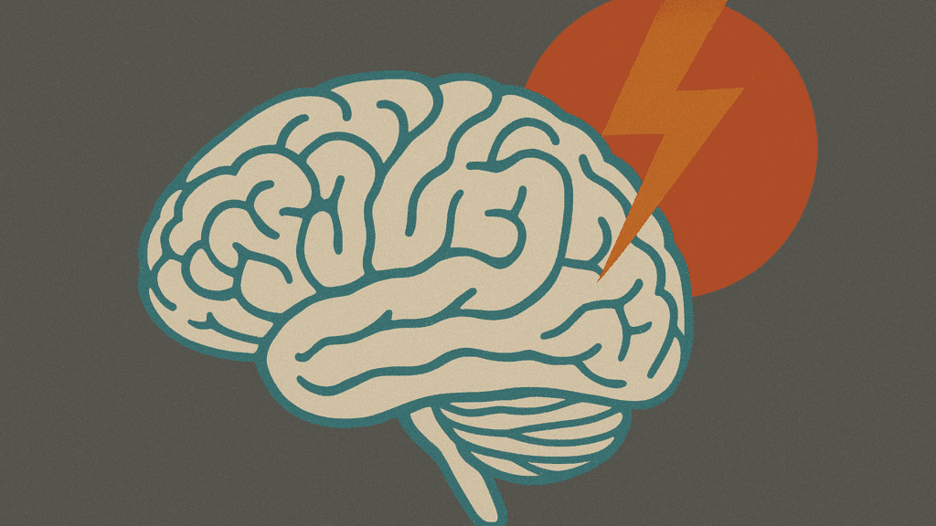 Science Behind Neuroplasticity: Unlocking Your Potential 4 Brain illustration with orange lightning bolt symbolizing the science behind neuroplasticity and neural energy.