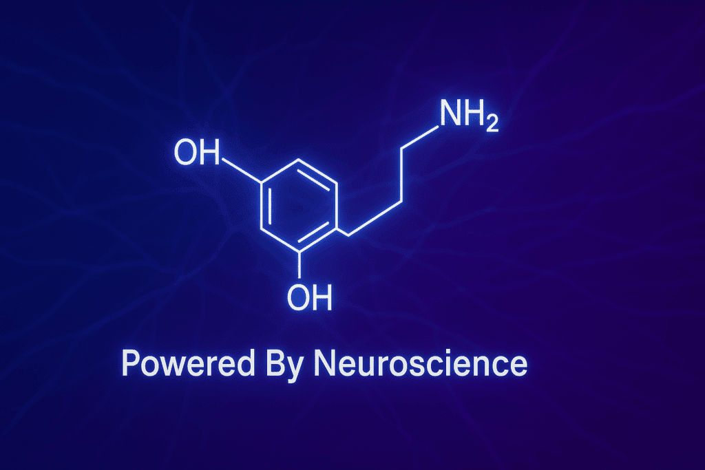 Glowing dopamine molecule structure with "Powered By Neuroscience" text on blue background, representing evidence-based dopamine reset and neuroscience-based approaches.