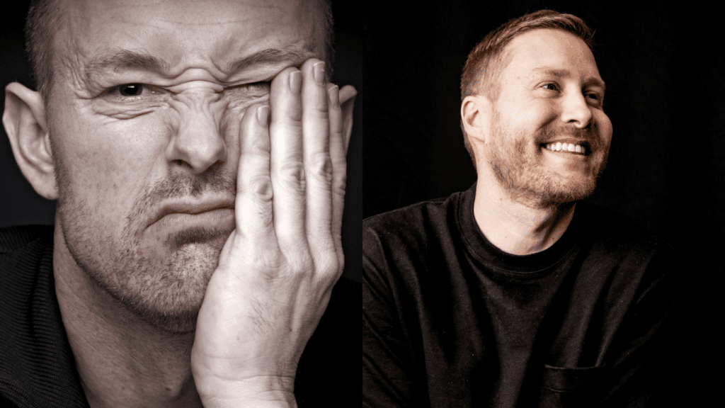 Dopamine and Mood Swings: The Neuroscience-Based Approach to Emotional Stability 6 Split portrait of two men with thoughtful expressions, reflecting emotional modulation through a neuroscience-based approach to emotional stability and dopamine and mood swings.