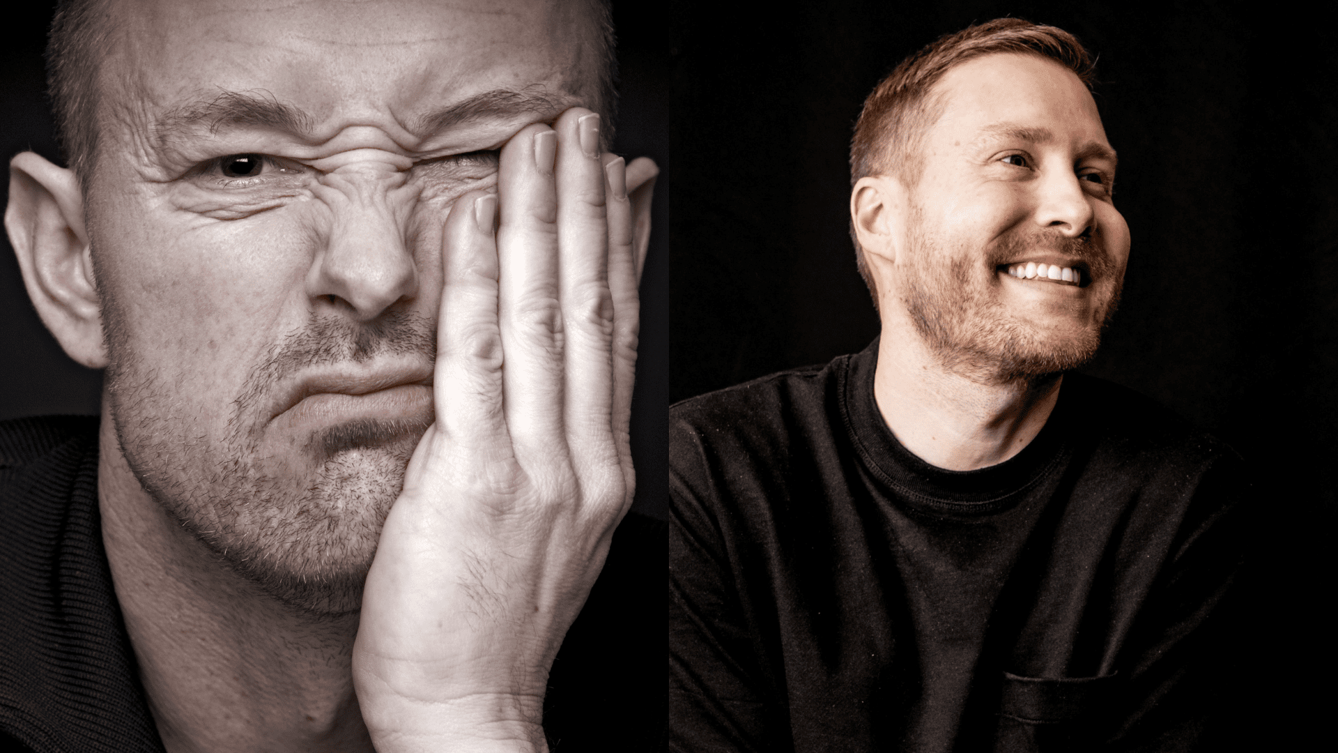 Split portrait of two men with thoughtful expressions, reflecting emotional modulation through a neuroscience-based approach to emotional stability and dopamine and mood swings.