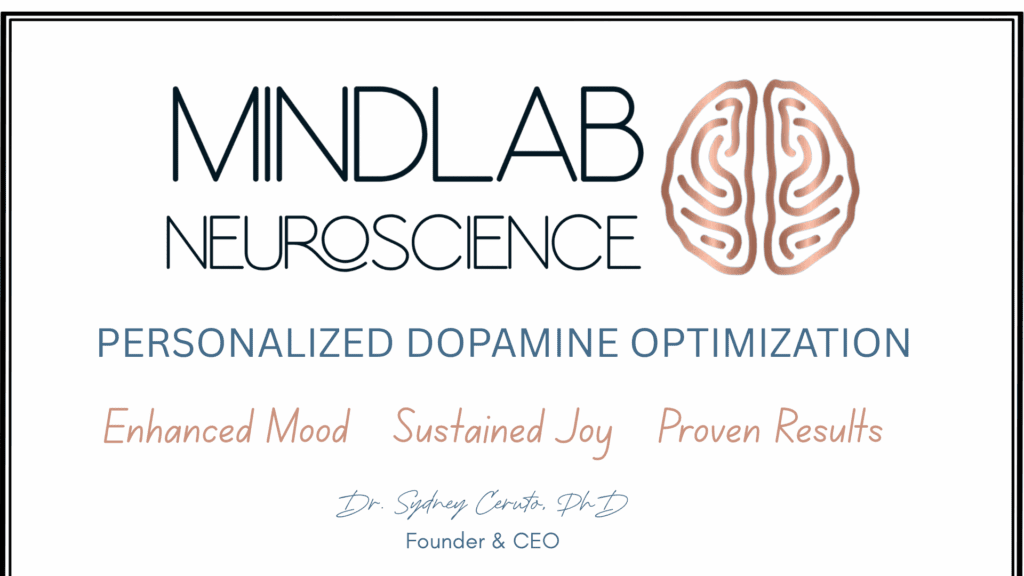 Logo for MindLab Neuroscience highlighting personalized dopamine optimization, representing the neuroscience-based approach to emotional stability and dopamine and mood swings.

