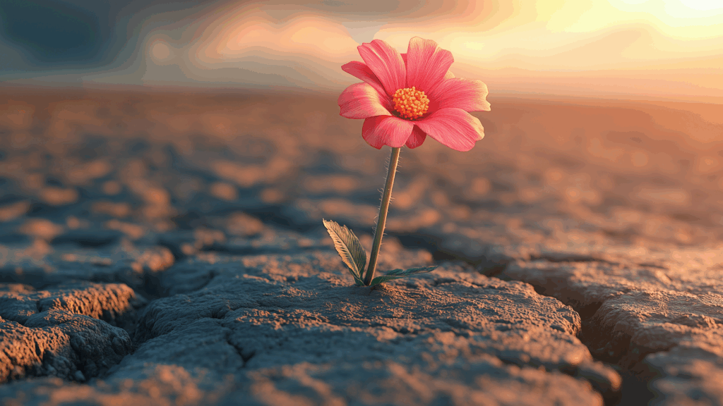 Single pink flower thriving in cracked earth, symbolizing resilience through a neuroscience-based approach to emotional stability and the adaptive role of dopamine and mood swings.

