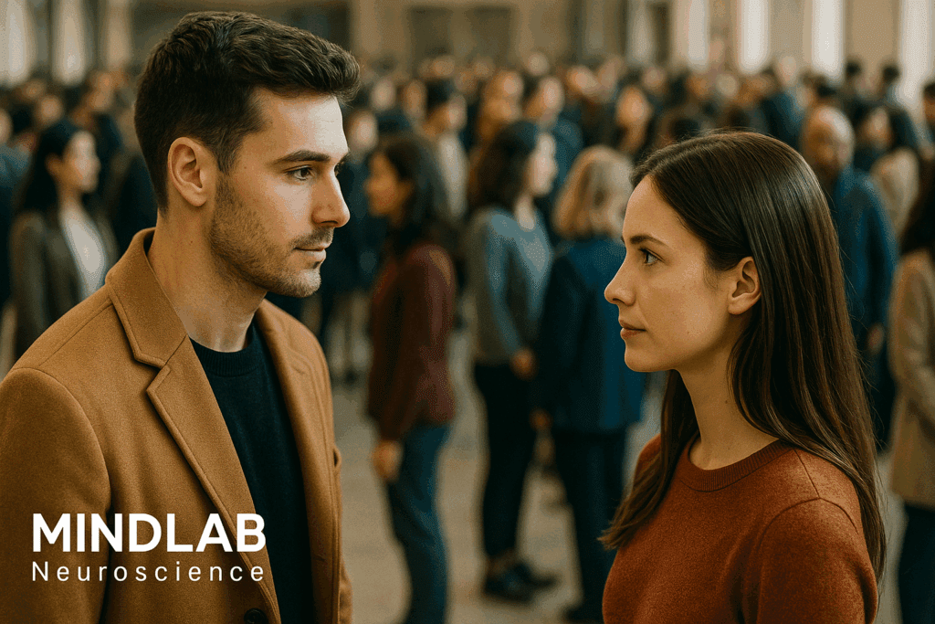 A man and a woman who are caught in the neuroscience of attraction locking eyes in a crowded space.