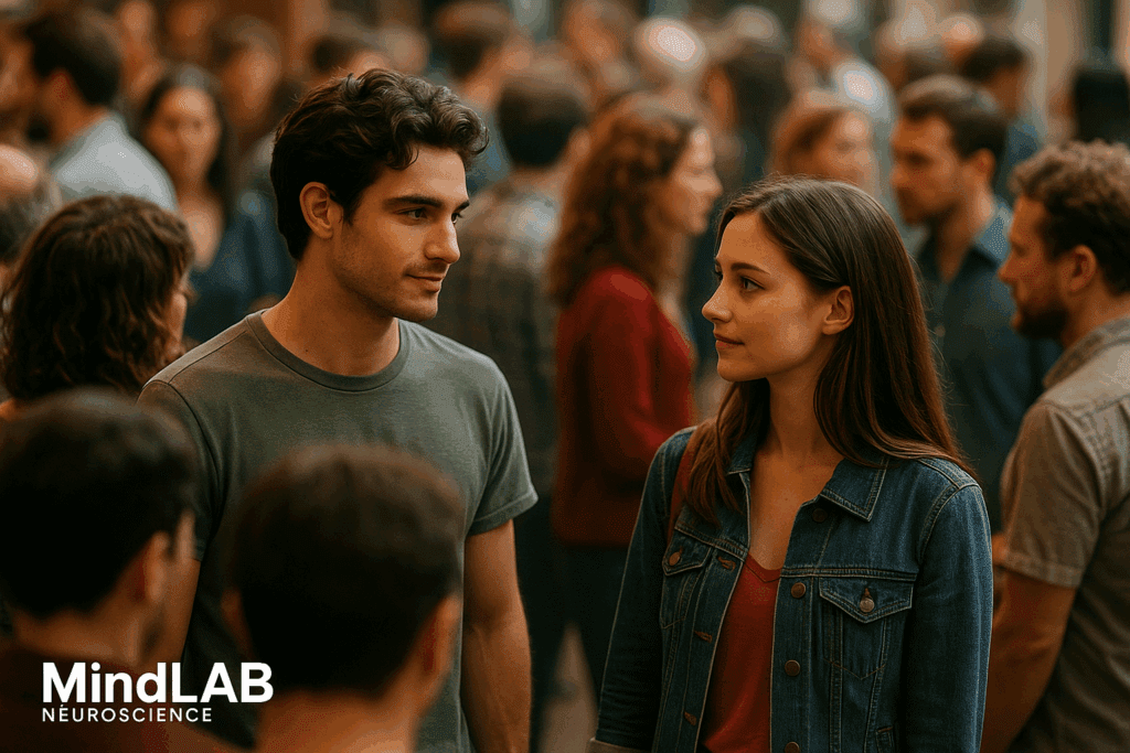 The Neuroscience of Sexual Attraction: Why Your Brain Falls for Certain People 7 Man and woman making eye contact in a crowd, demonstrating the neuroscience of sexual attraction. Meta Description (158 characters): Two people experiencing mutual attraction and connection through brain chemistry. Discover how the neuroscience of sexual attraction triggers instant chemistry between partners.