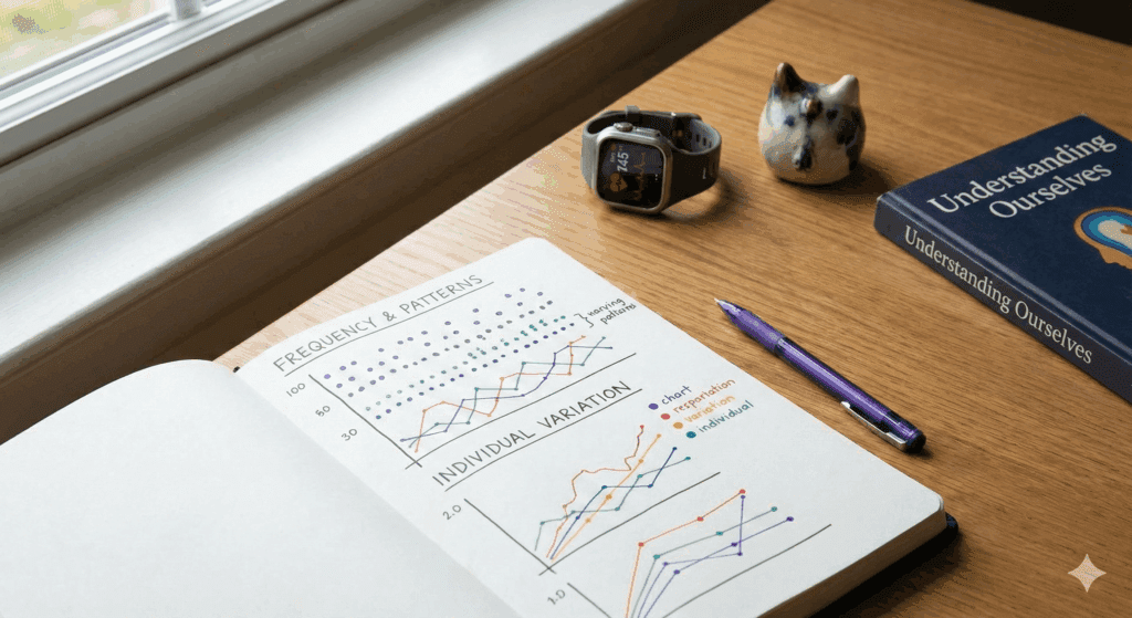 Frequency patterns and individual variation charts showing self-pleasure data from neuroscience of masturbation research