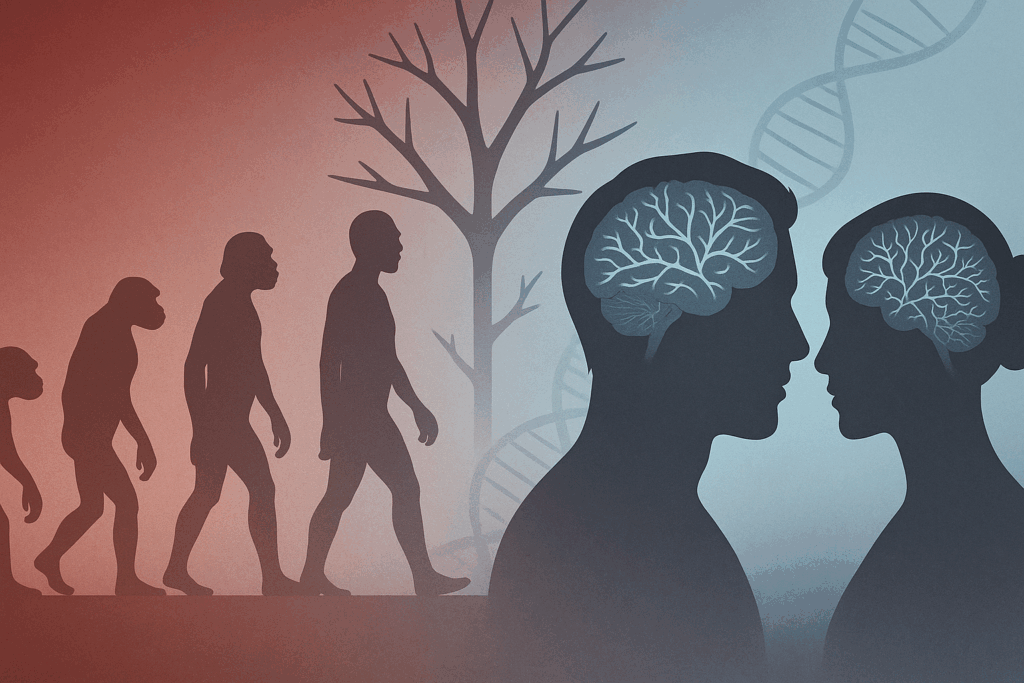 Human evolution illustration showing monogamous brain development versus unfaithful brain neuroscience through millennia of biological and social adaptation.